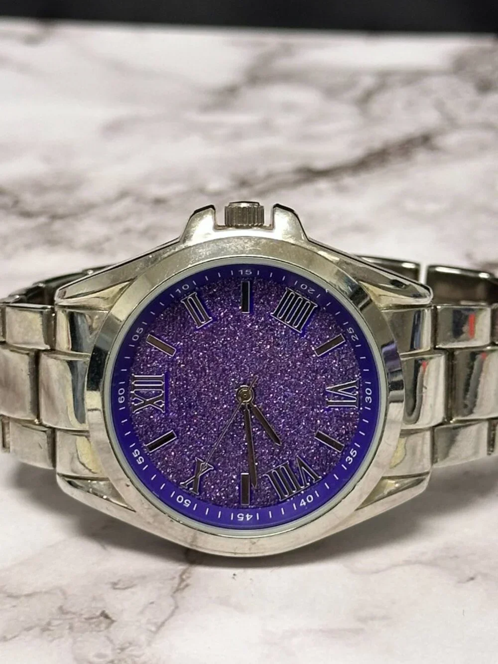 Accutime Watch Women Silver Tone Purple Glittered Dial New Battery 8 Inch